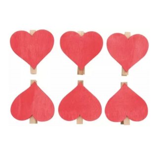 Dřevěné kolíčky srdce červené, 6 ks