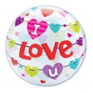 Fóliový průhledný balónek "I Love U"banner hearts / srdíčka, 56 cm